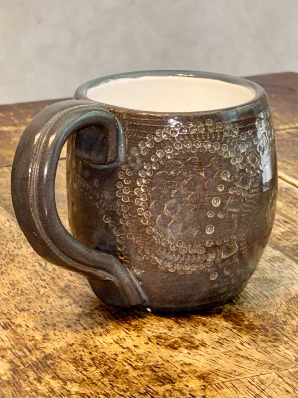 Handmade Studio Pottery Mug Brown Geometric Textured Coffee Cup Signed